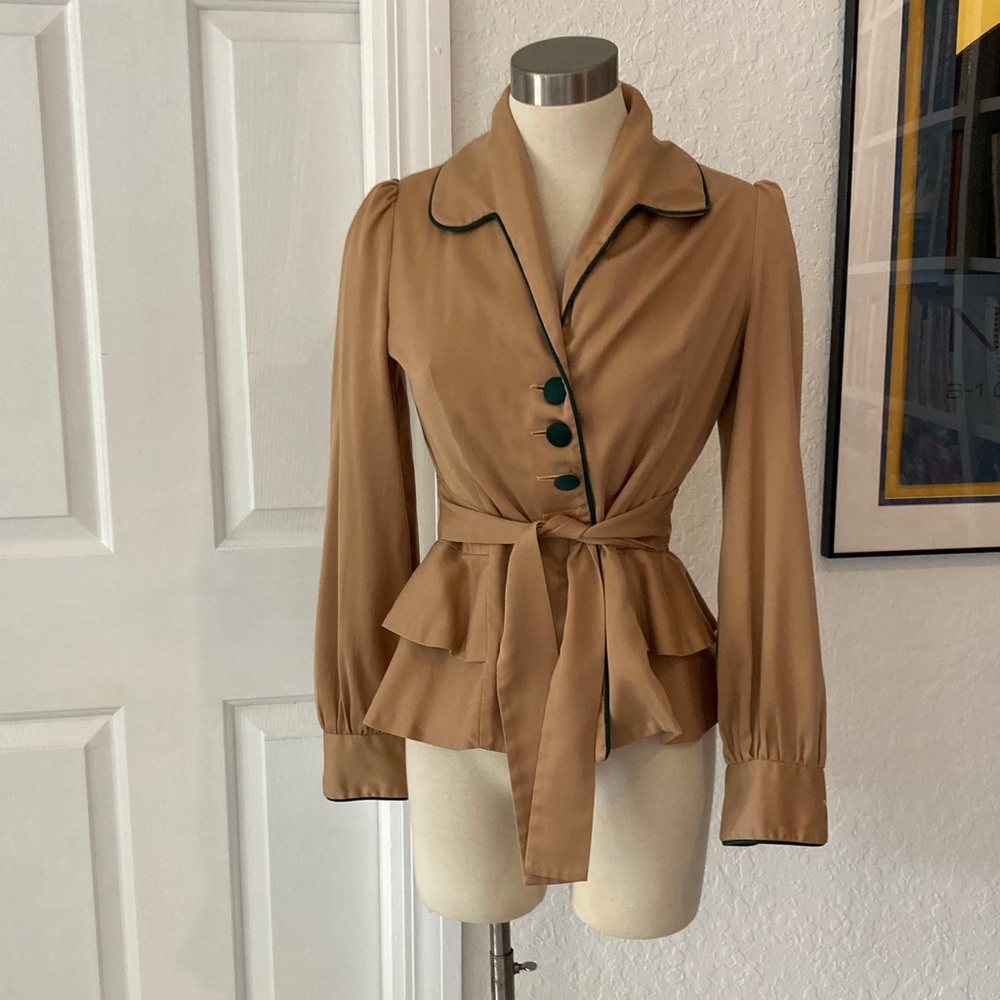 Vintage 80s 90s Stylish Tan Blazer with Green Accents pinup style jacket